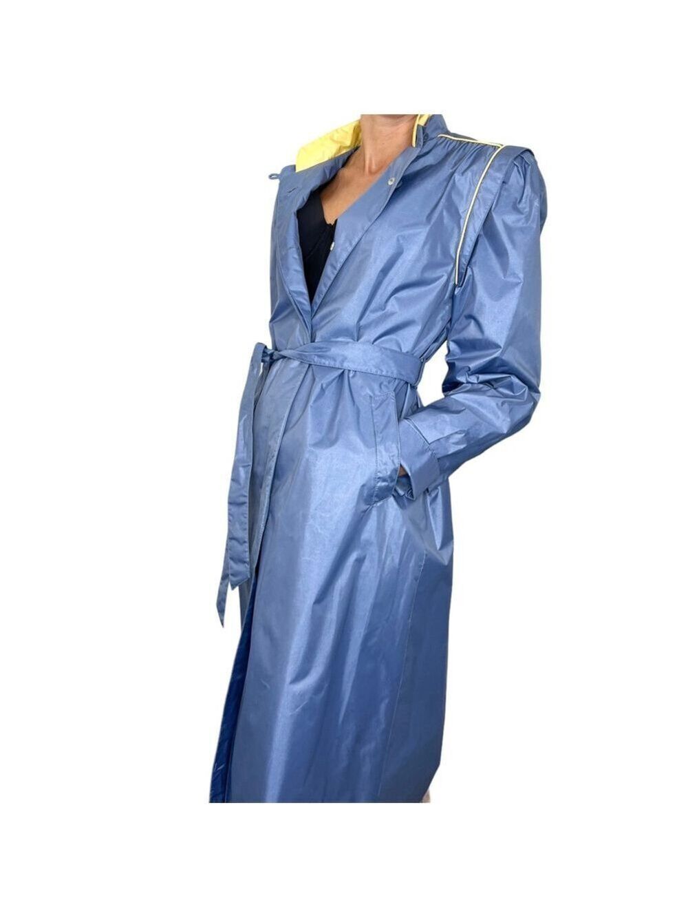 Vintage 70s 80s blue yellow puff shoulder stand collar retro trench coat 12